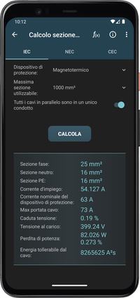 Calcoli Elettrici - Risultati calcolo sezione