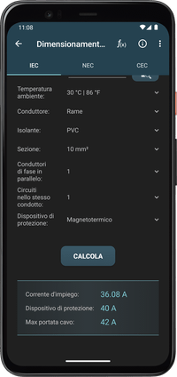 Calcoli Elettrici - Risultato dimensionamento dispositivo di protezione