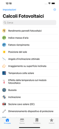 Calcoli Fotovoltaici - schermata principale