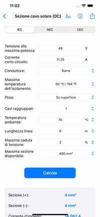 Calcoli Fotovoltaici - sezione cavo solare