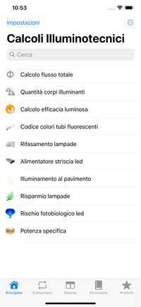 Calcoli Illuminotecnici - schermata principale