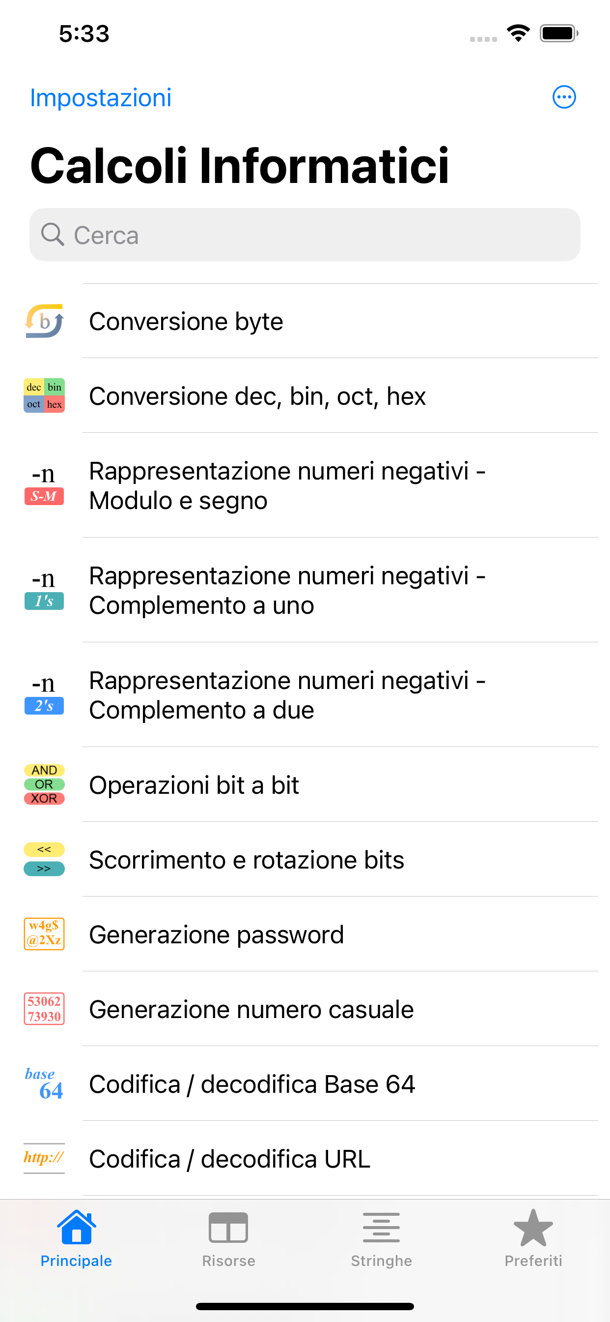 Calcoli Informatici - schermata principale